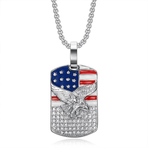 Silver American Flag Eagle Dog Tag Pendant Stainless Steel Patriotic Necklace - Picture 3 of 6